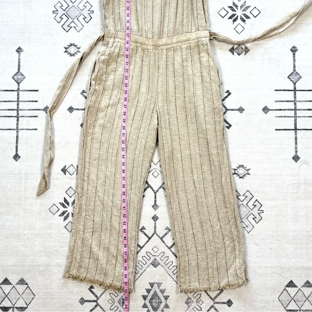 DREW x Anthropologie Striped Khaki Linen Blend Cropped Jumpsuit XS